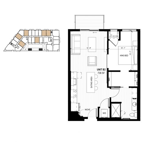 Floor plan for 1 bed, 1 bath, 642 sqft